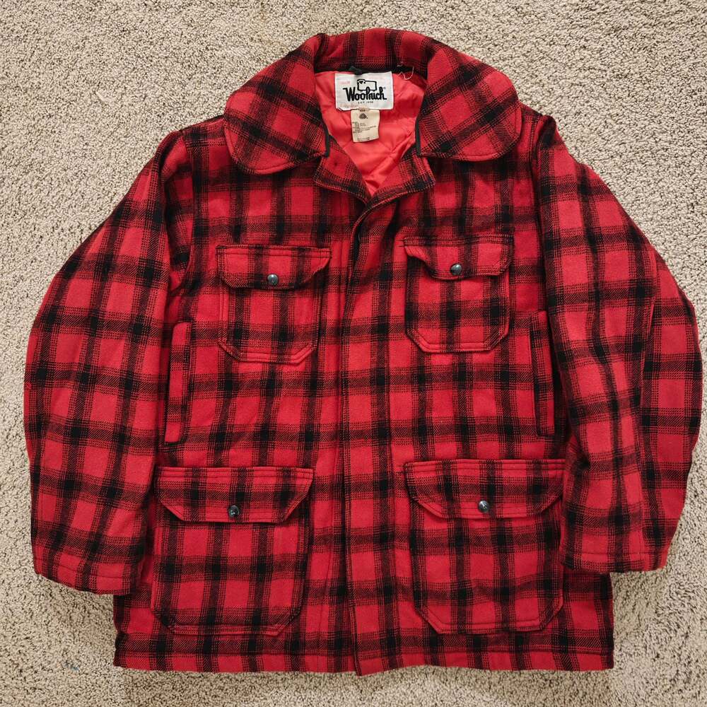 Vtg Woolrich 523 Mackinaw Cruiser Hunting Jacket Red Black Buffalo Plaid Size 42 - Picture 1 of 11